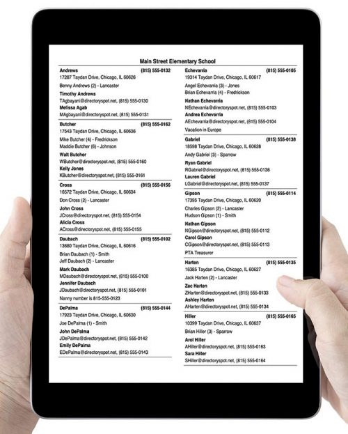 DirectorySpot school contacts on tablet