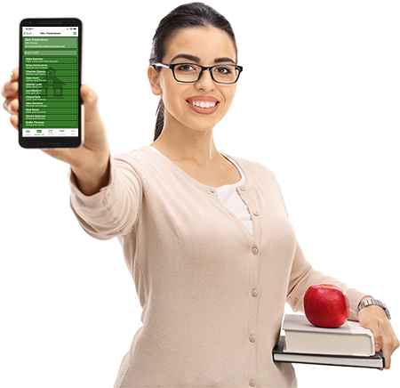 Teacher holding up smartphone with DirectorySpot app